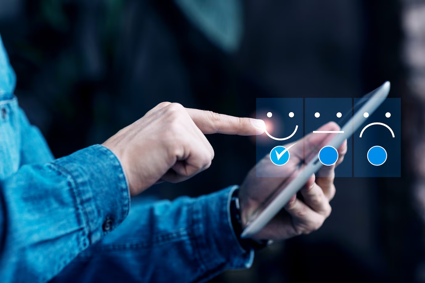 Person receiving real-time feedback on tablet during negotiation